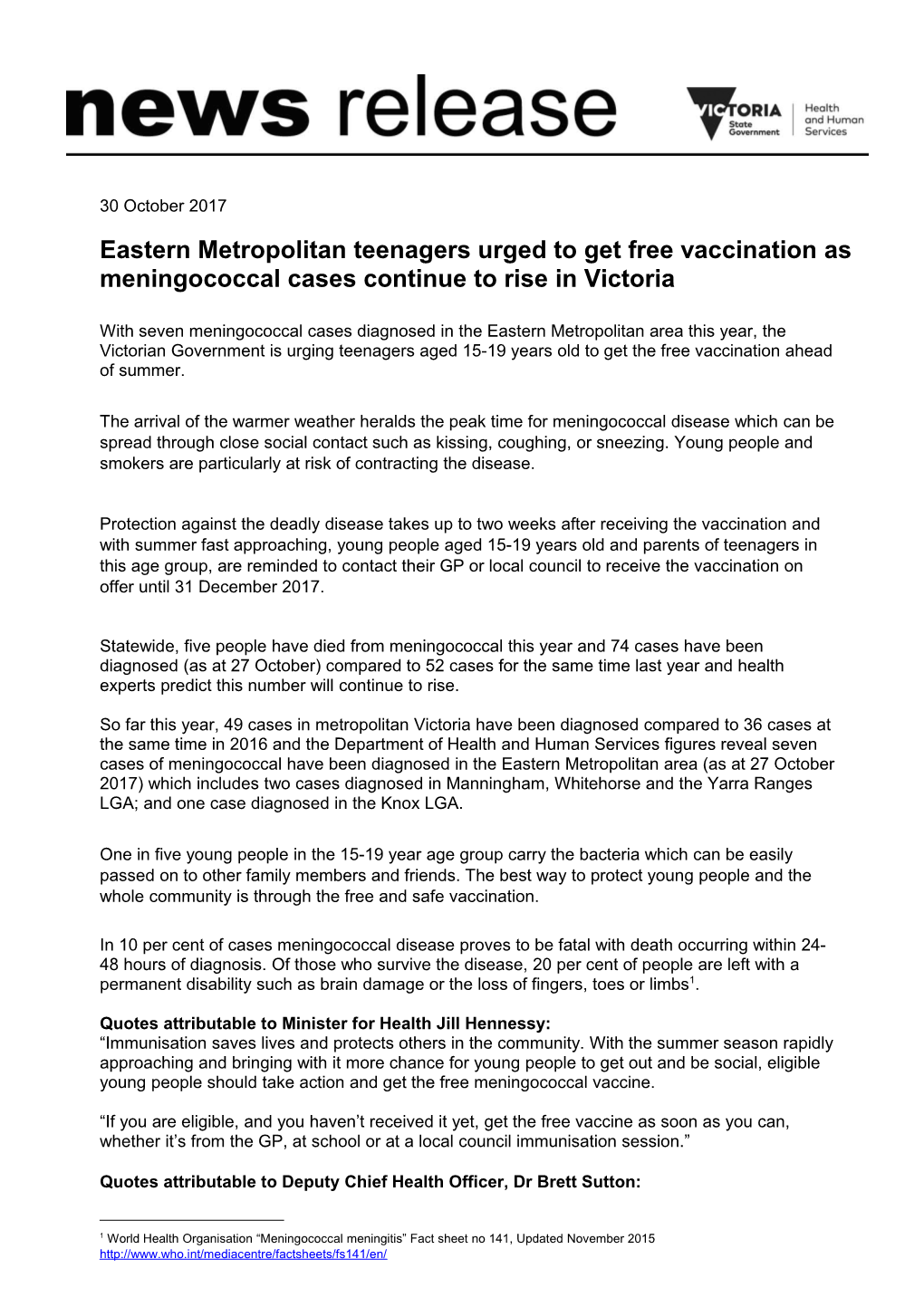 Eastern Metropolitan Teenagers Urged to Get Free Vaccination As Meningococcal Cases Continue