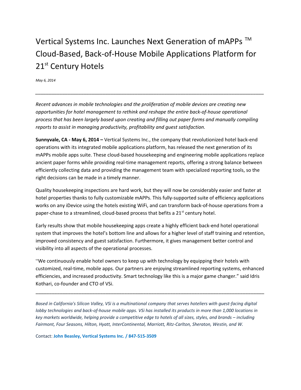 Vertical Systems Inc. Launches Next Generation of Mapps TM Cloud-Based, Back-Of-House Mobile