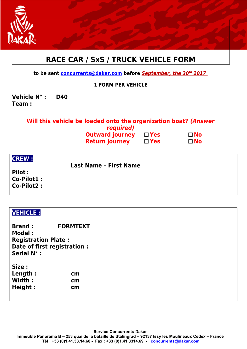 RACE CAR / Sxs / TRUCK VEHICLE FORM