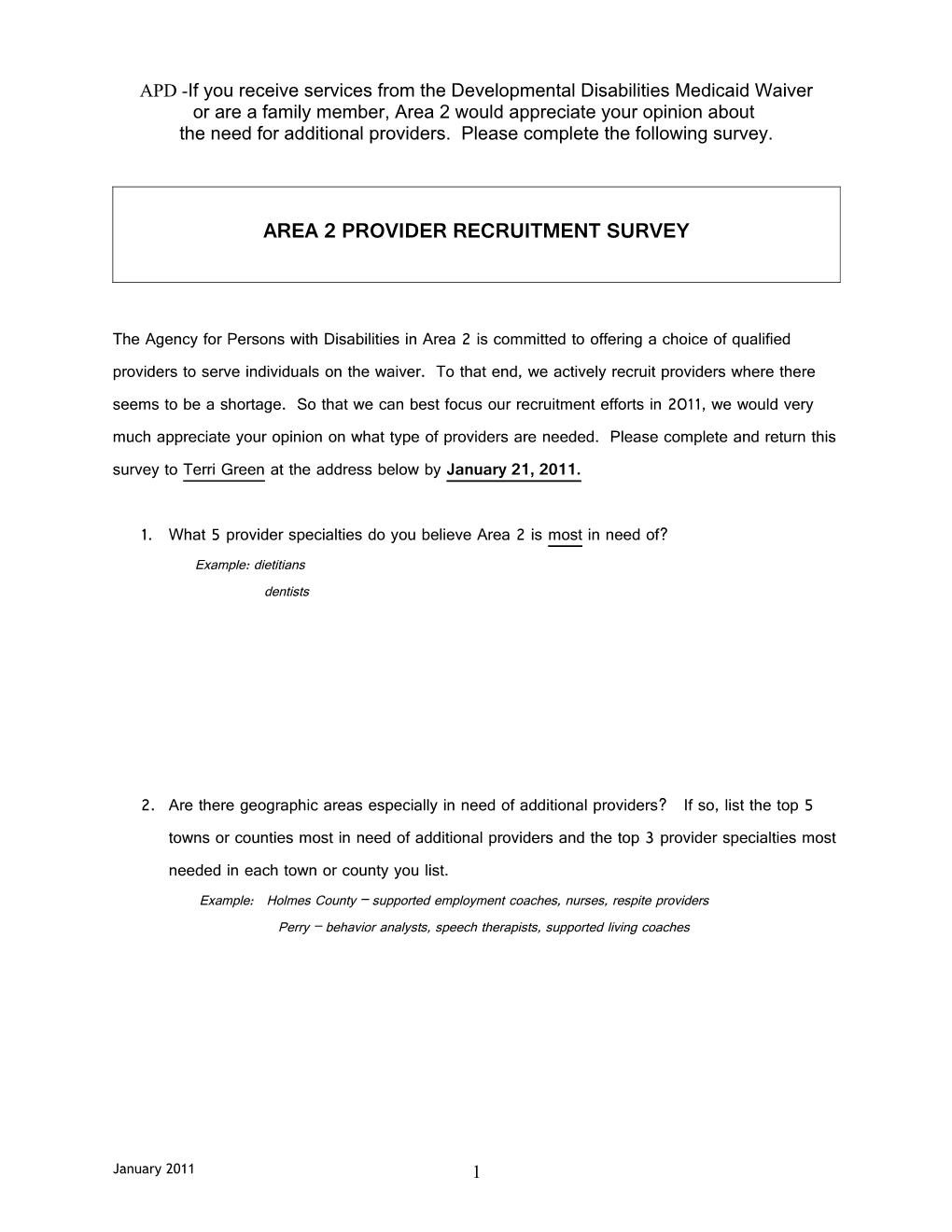 Area 2 Provider Recruitment Survey