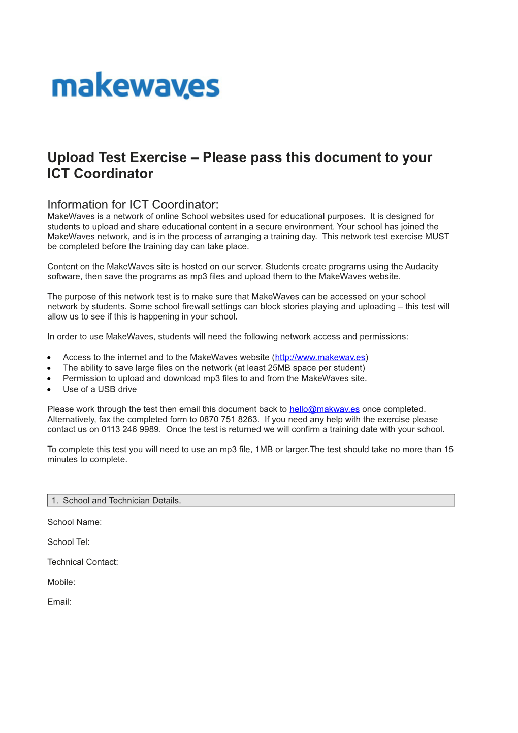 Upload Test Exercise Please Pass This Document to Your ICT Coordinator