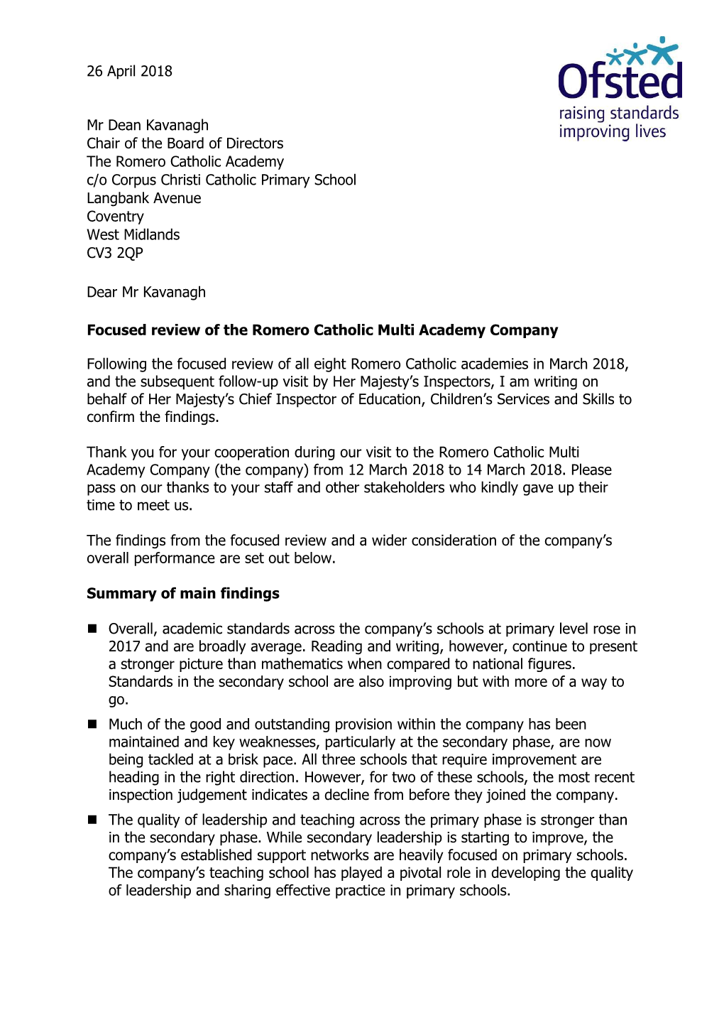 Romero Catholic Multi Academy Company: Ofsted Inspection Report