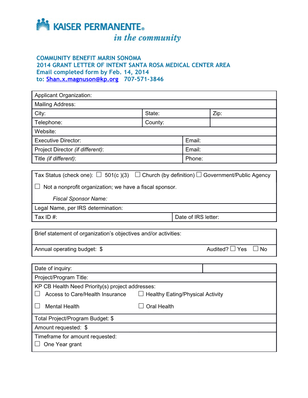 2014 Grant Letter of Intent Santa Rosa Medical Center Area