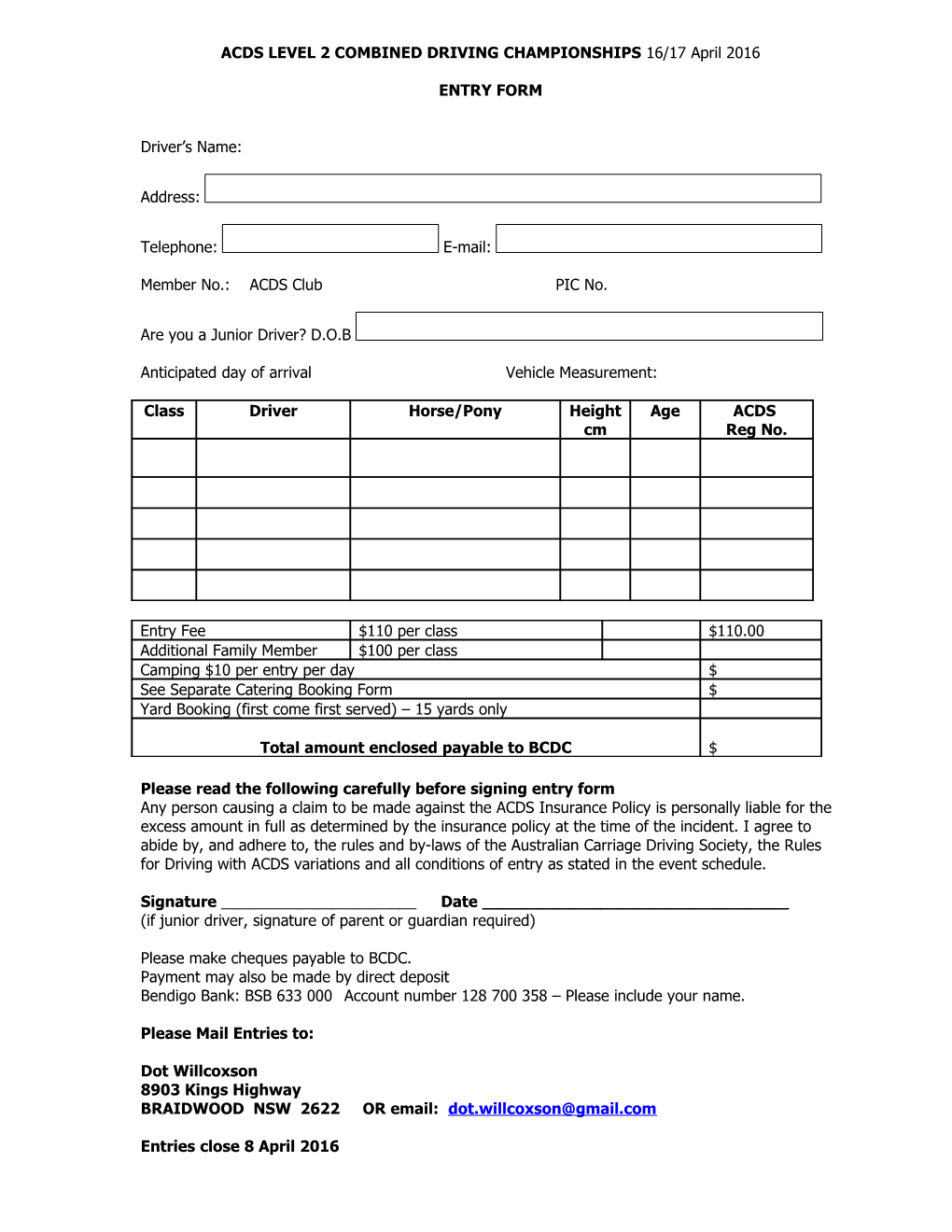 VICTORIAN CHAMPIONSHIPS April 7 9 2007 ENTRY FORM