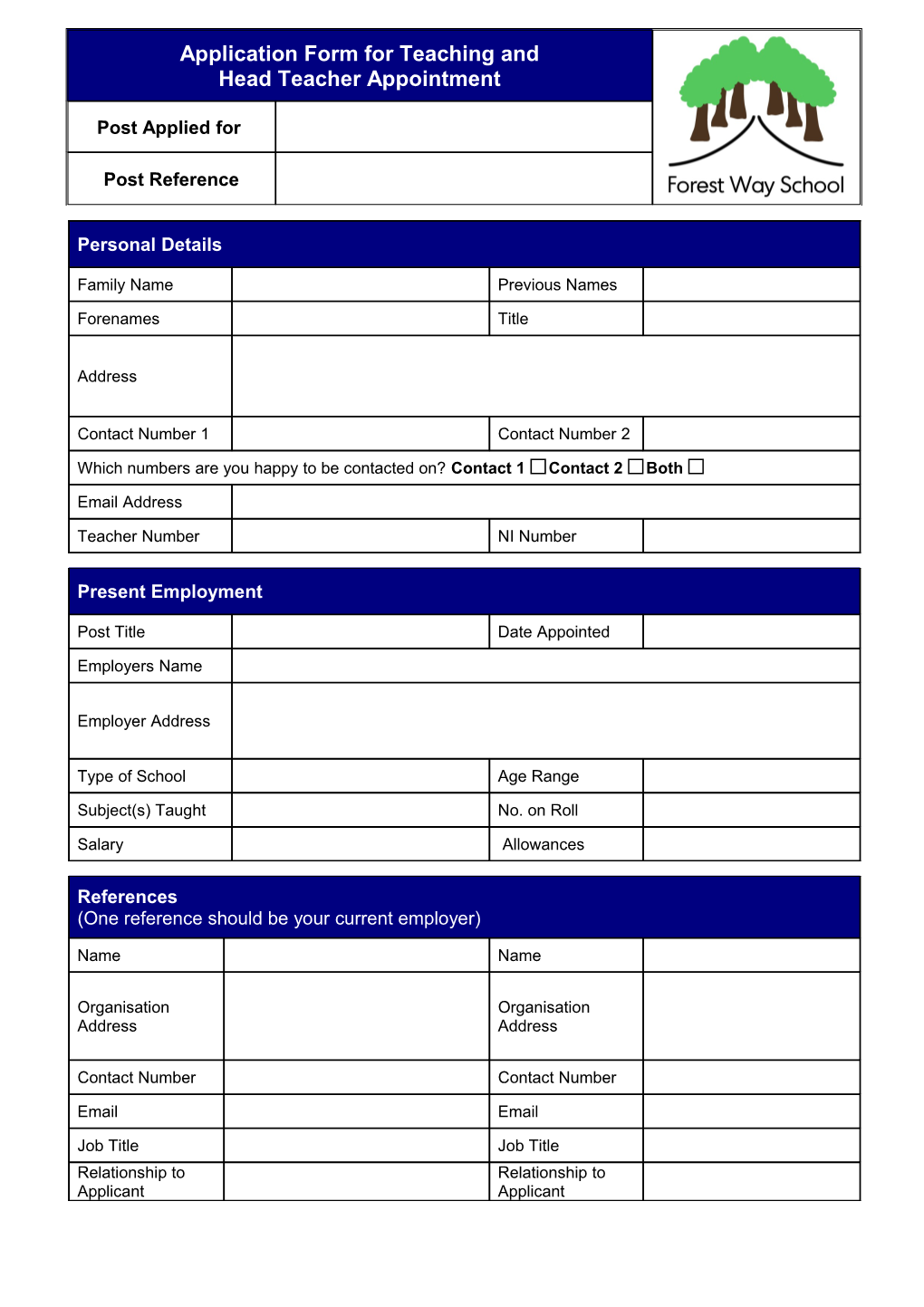 Application Form for Teaching and Head Teacher Appointment