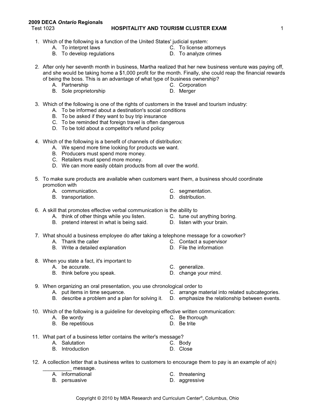 Test 1023 HOSPITALITY and TOURISM CLUSTER EXAM 9