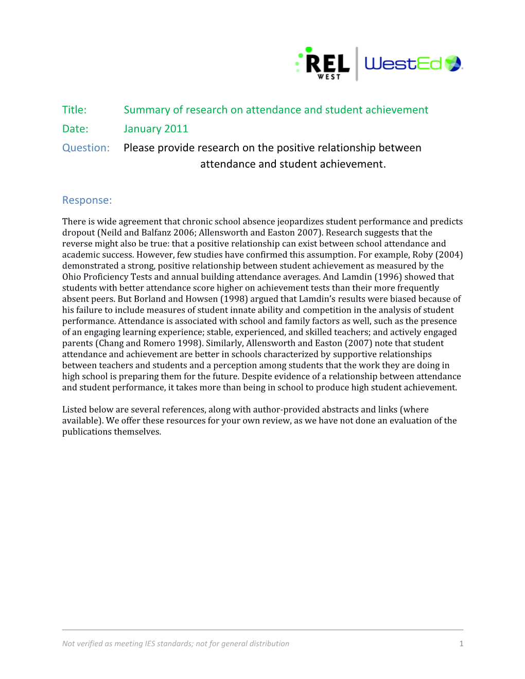 Title: Summary of Research on Attendance and Student Achievement