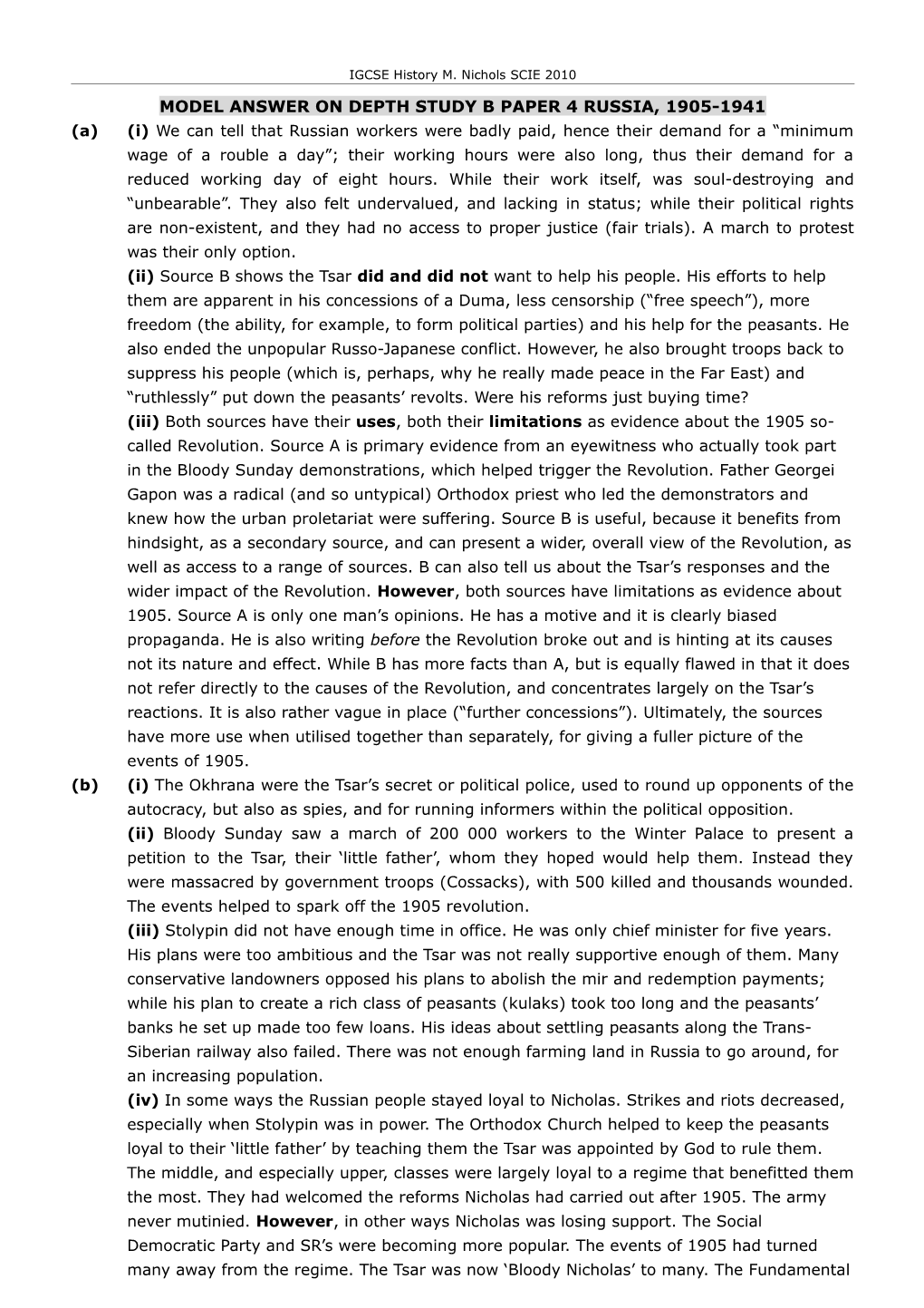 Model Answer On Depth Study B Paper 4 Russia, 1905-1941