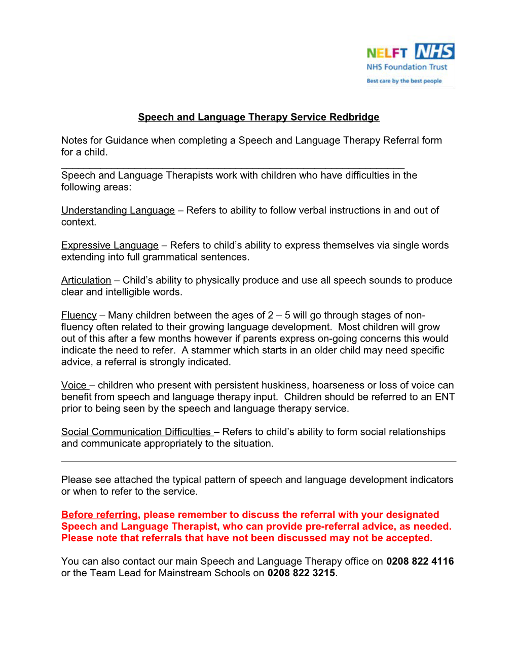Redbridge Primary Care Trust Speech & Language Therapy Service