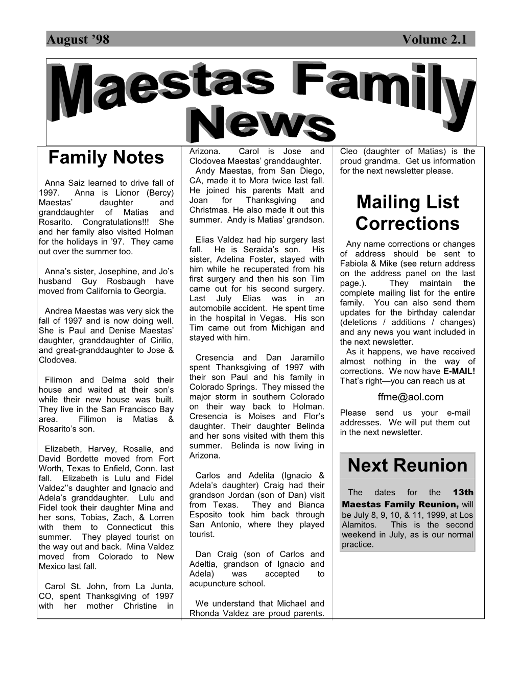 Maestas Family News - Vol 2.1 - Mar, 98