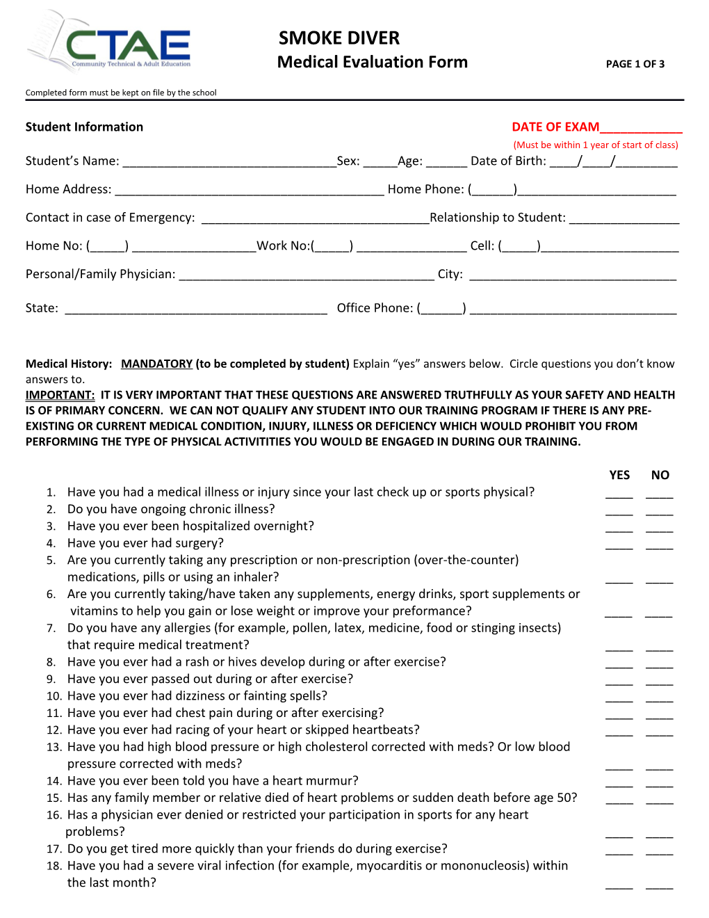 Completed Form Must Be Kept on File by the School