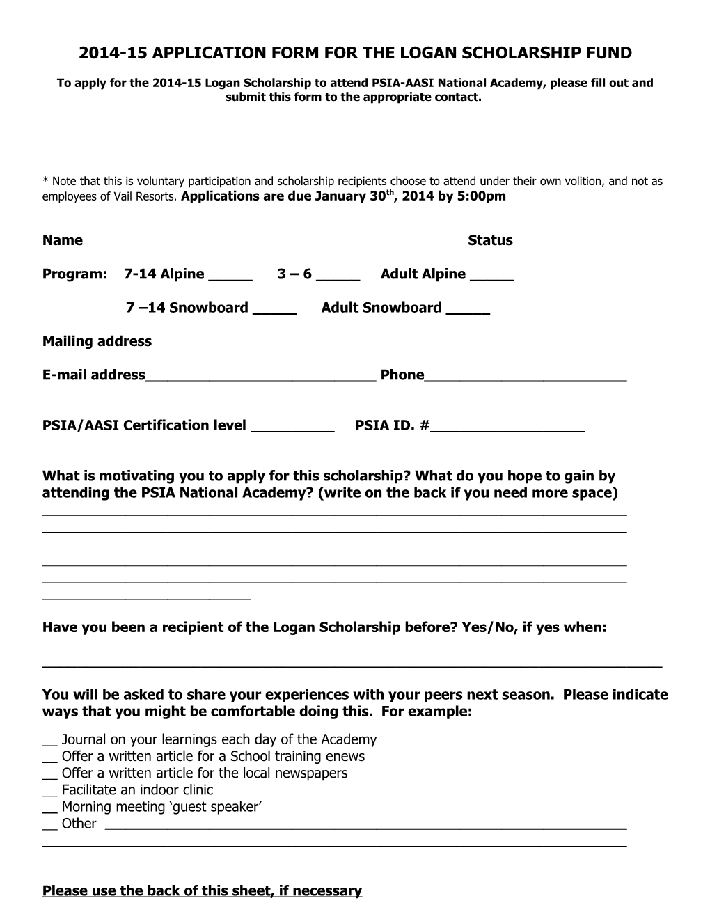 2003 Application Form for the Logan Scholarship Fund