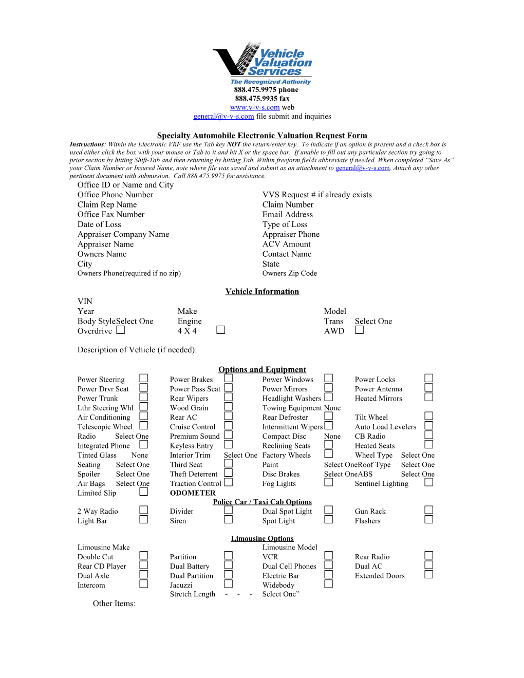 Specialty Automobile Electronic Valuation Request Form
