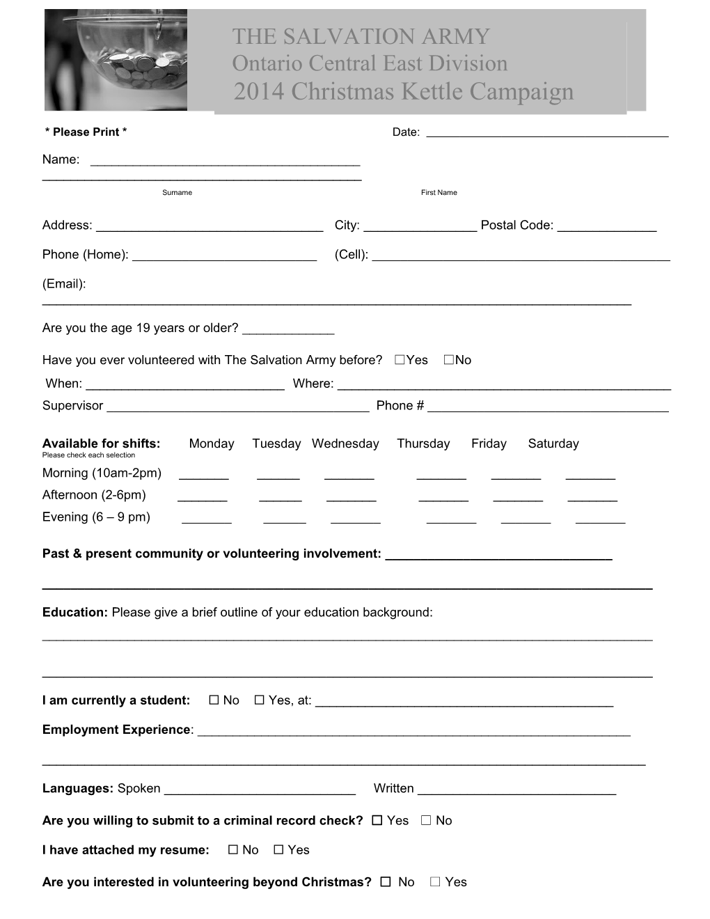 Annual Christmas Kettle Worker Application Form