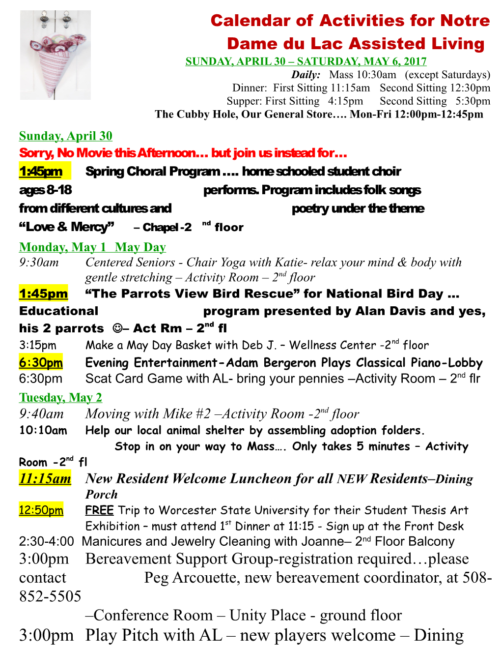 Calendar of Activities for Notre Dame Du Lac Assisted Living