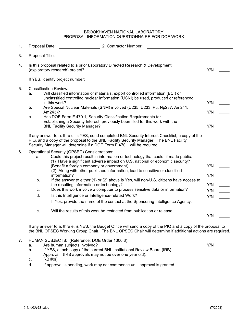 Proposal Information Questionnaire for Doe Work