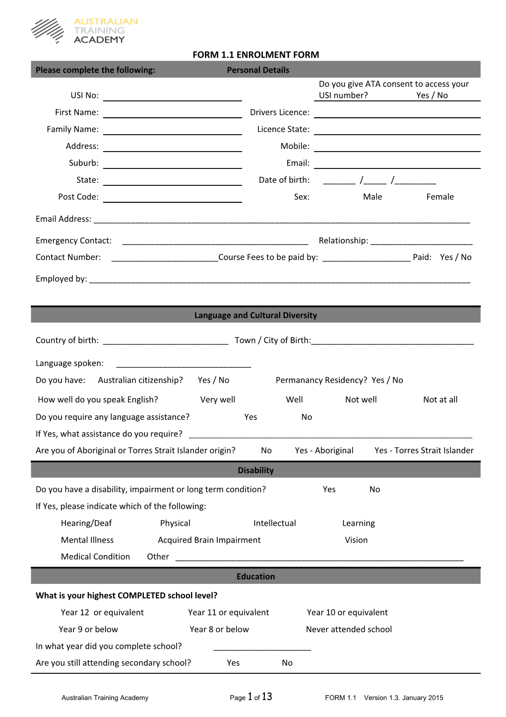 Form 1.1 Enrolment Form