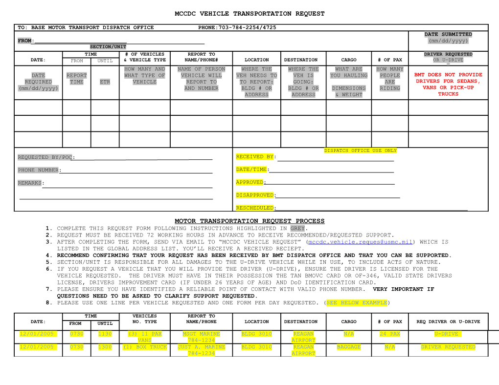 Mccdc Vehicle Transportation Request