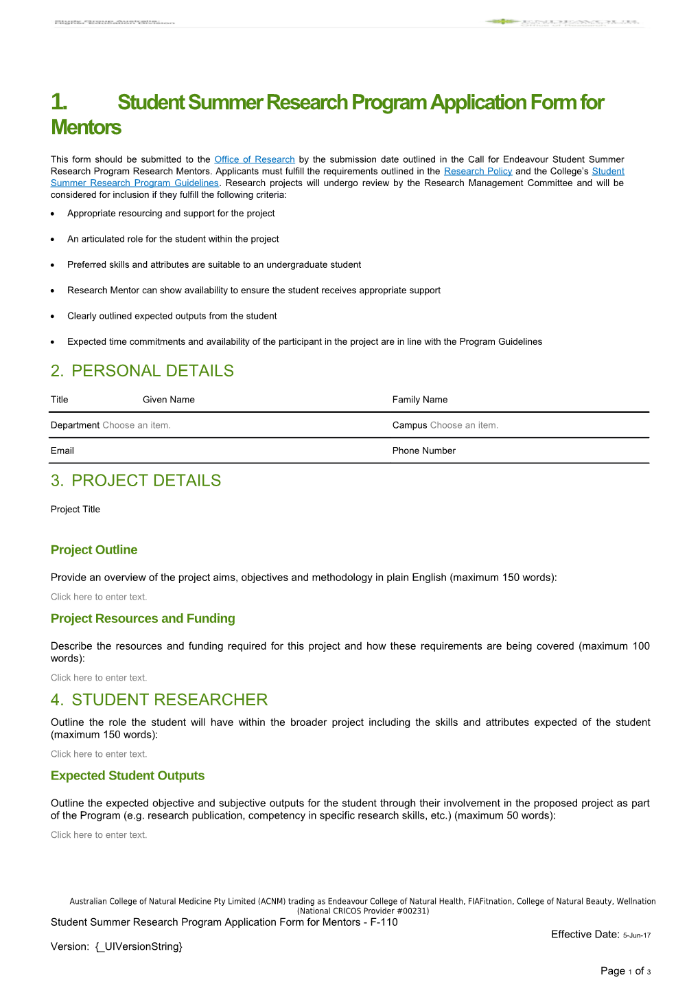 Student Summer Research Program Application Form For Mentors