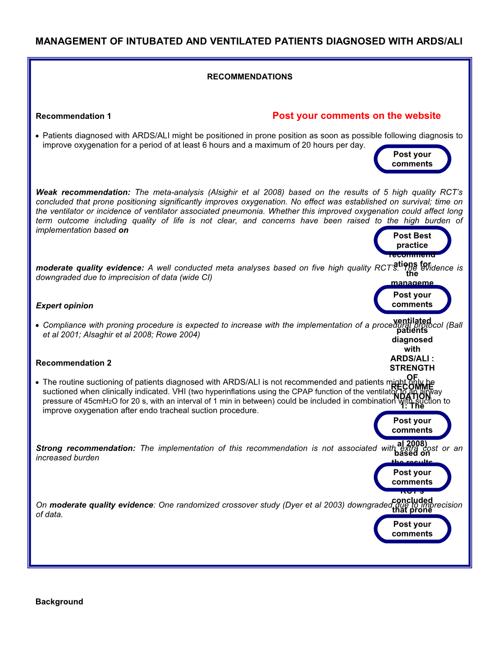 Management of Intubated and Ventilated Patients Diagnosed with Ards/Ali