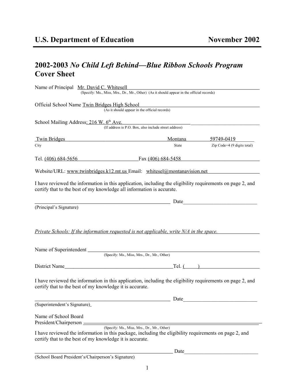Twin Bridges High School 2003 No Child Left Behind-Blue Ribbon School (Msword)