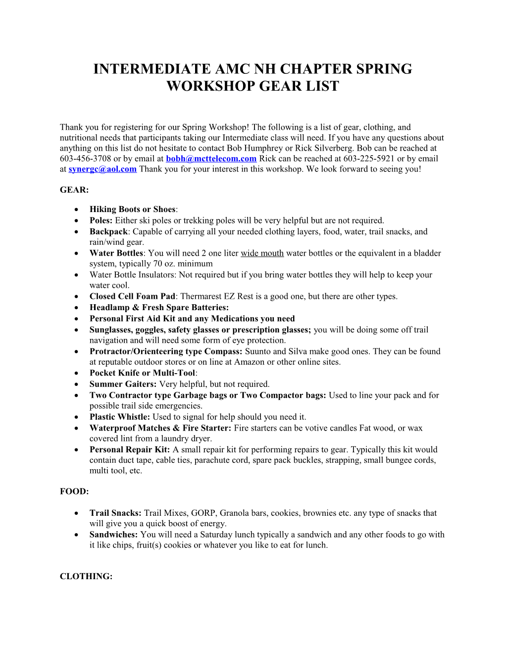 Intermediate Amc Nh Chapter Spring Workshop Gear List