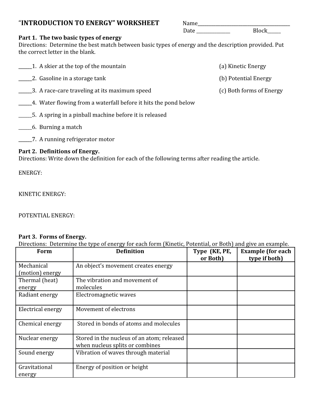 Introduction to Energy Worksheet s1