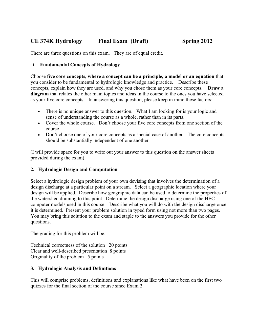 CE 374K Hydrology Final Exam (Draft)Spring 2012