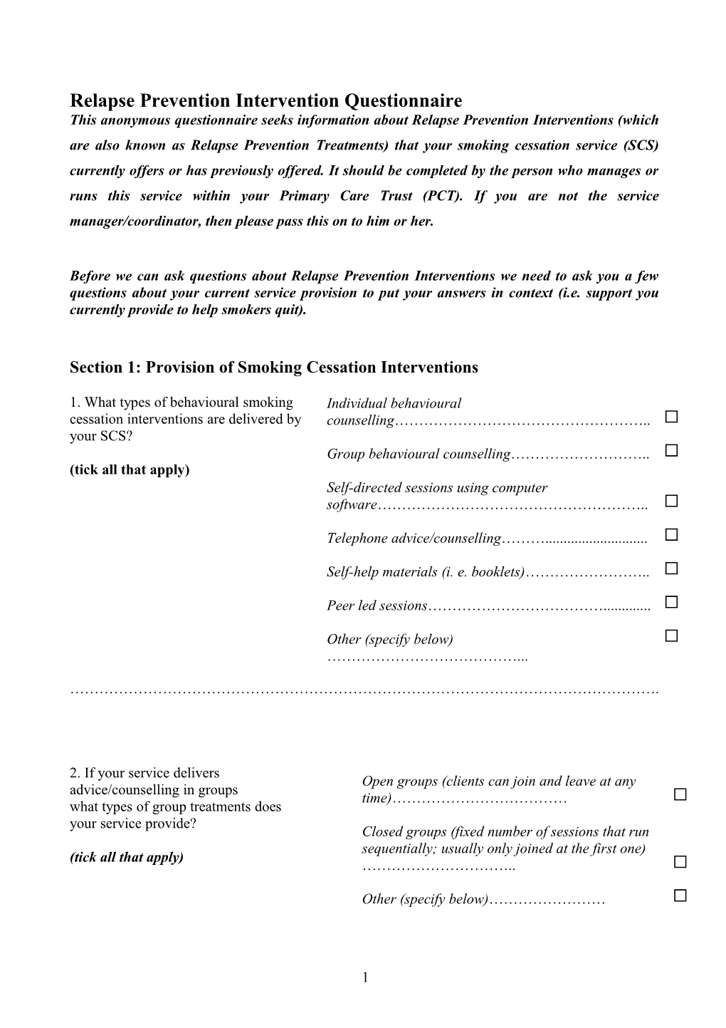 Relapse Prevention Intervention Questionnaire (Draft)