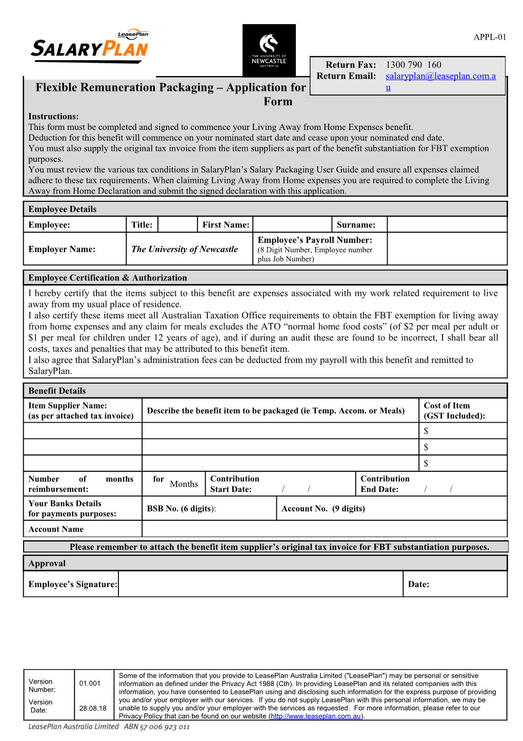 Flexible Remuneration Packaging Application for Living Away from Home Expenses Form