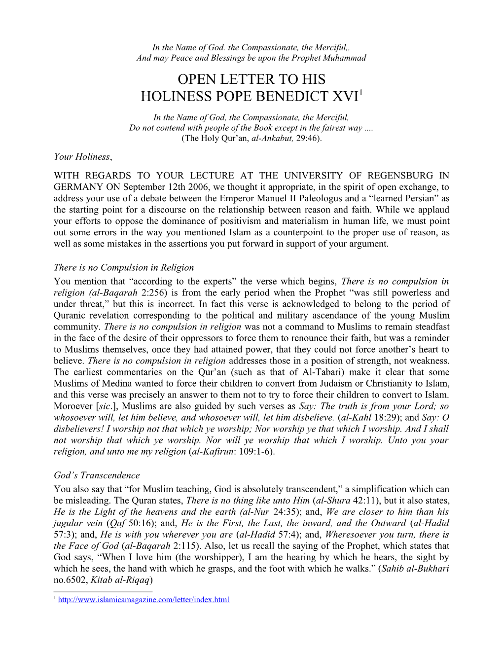 Open Letter to His Holiness Pope Benedict XVI