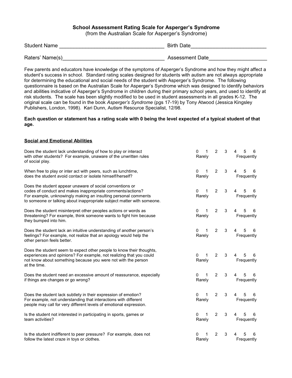 School Assessment Rating Scale for Asperger S Syndrome