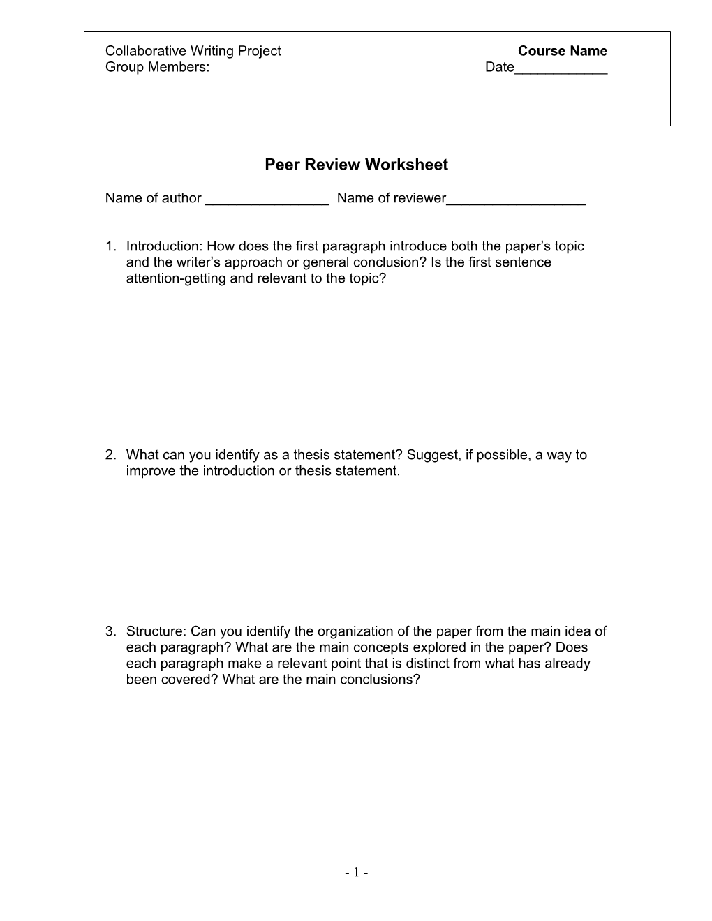 Peer Review Worksheet for ______(Name of Author)