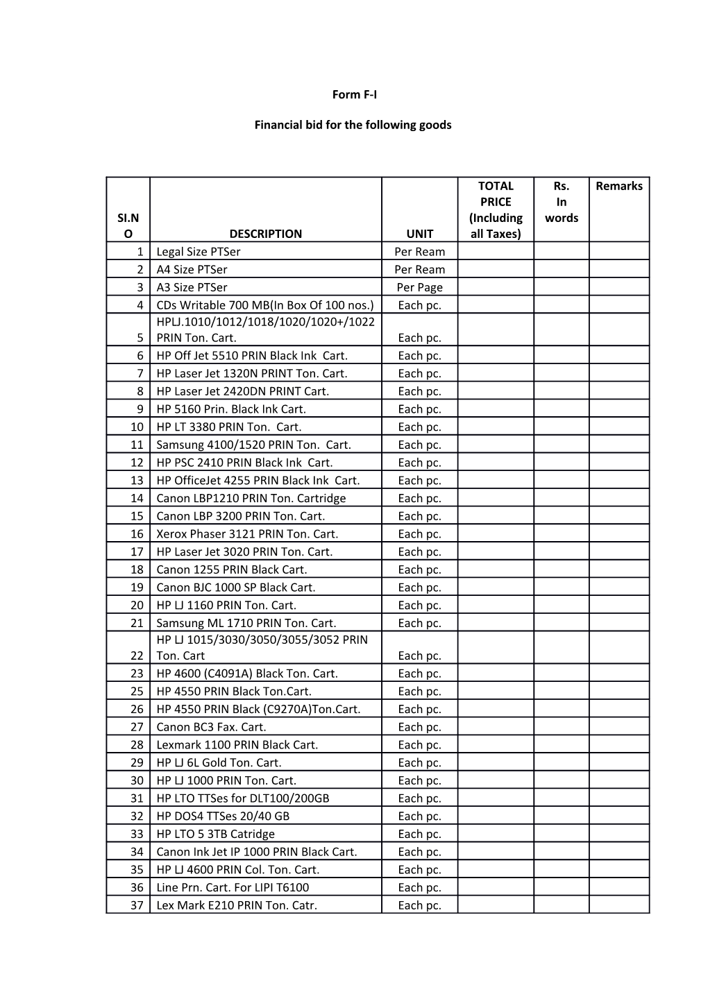 Financial Bid for the Following Goods