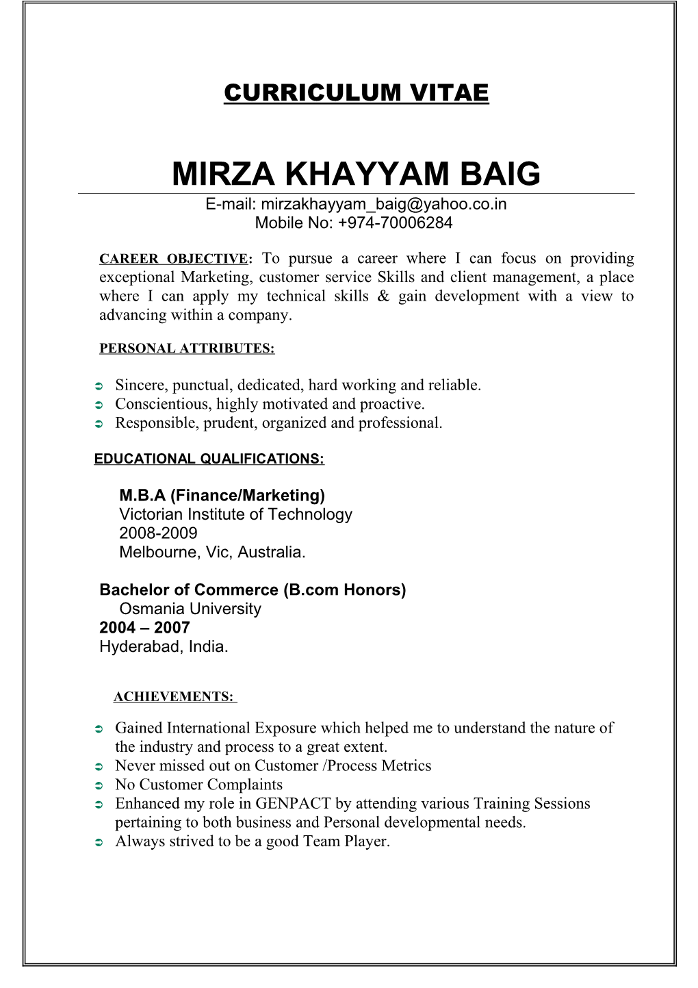 Curriculum Vitae of Imad Mir