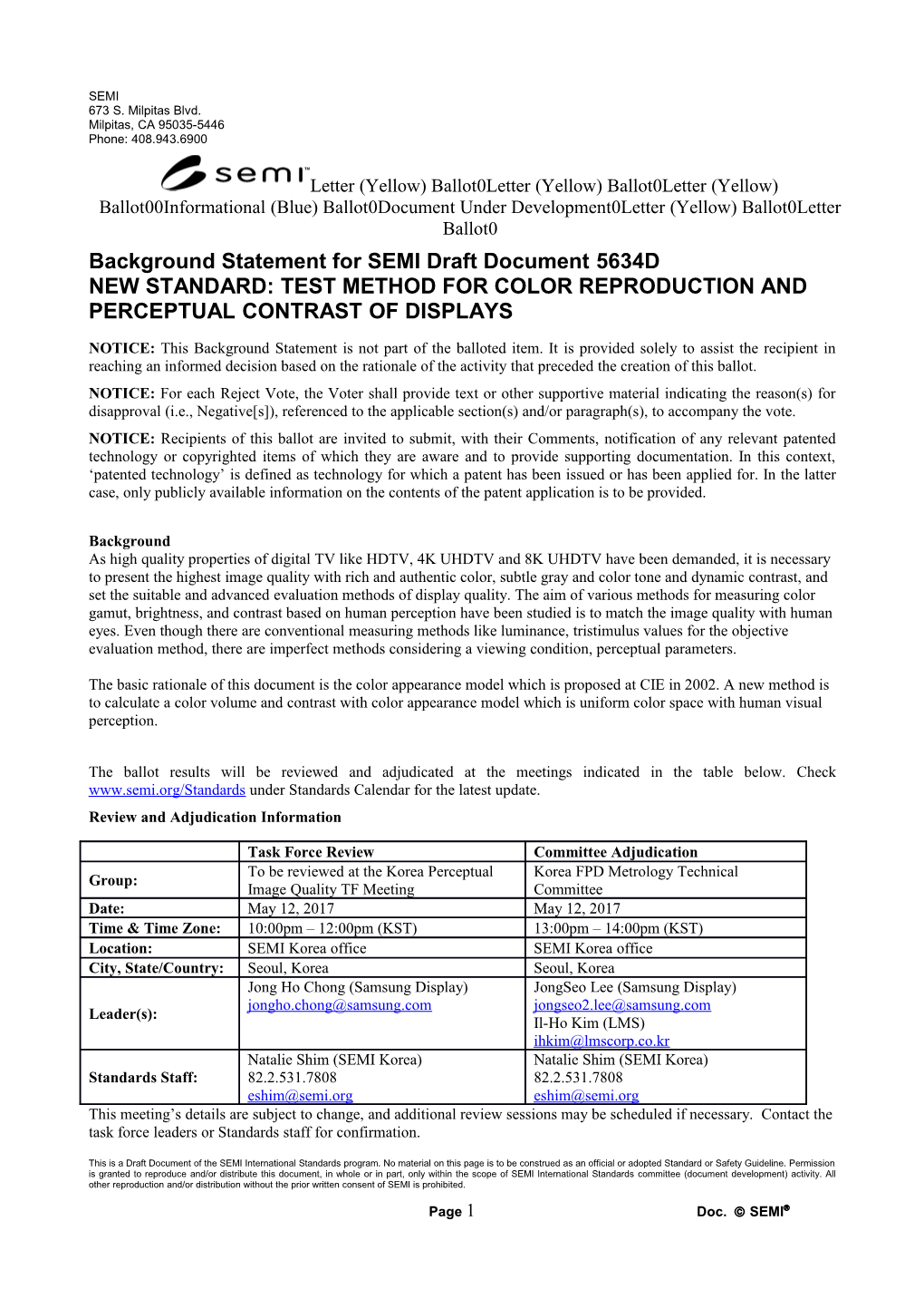 Background Statement for SEMI Draft Document 5634D