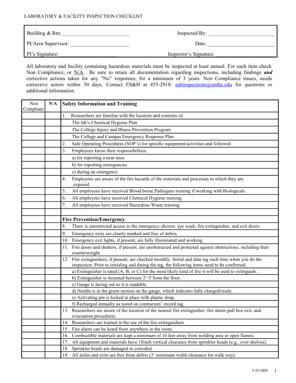 Laboratory & Facility Inspection Checklist