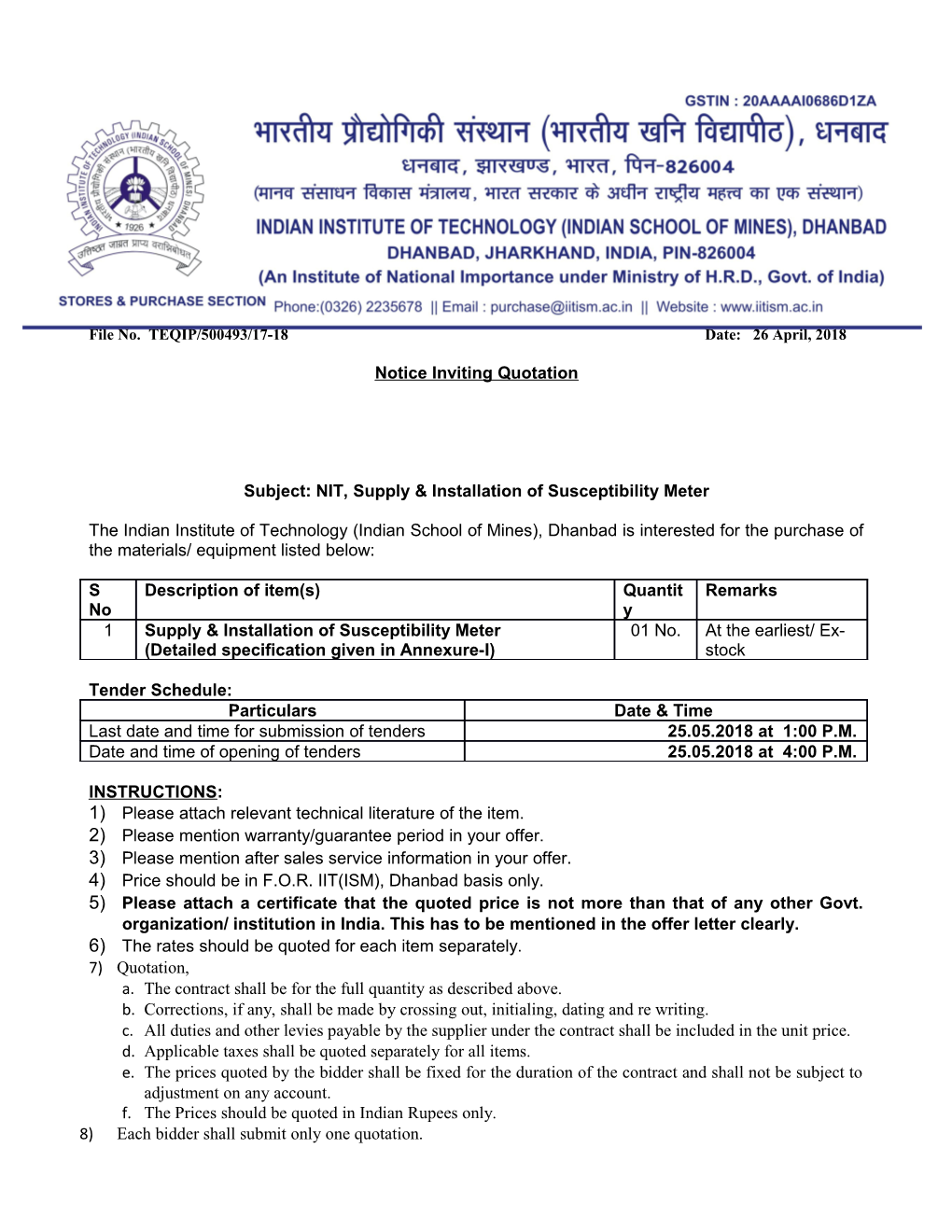 Subject: NIT, Supply & Installation of Susceptibility Meter