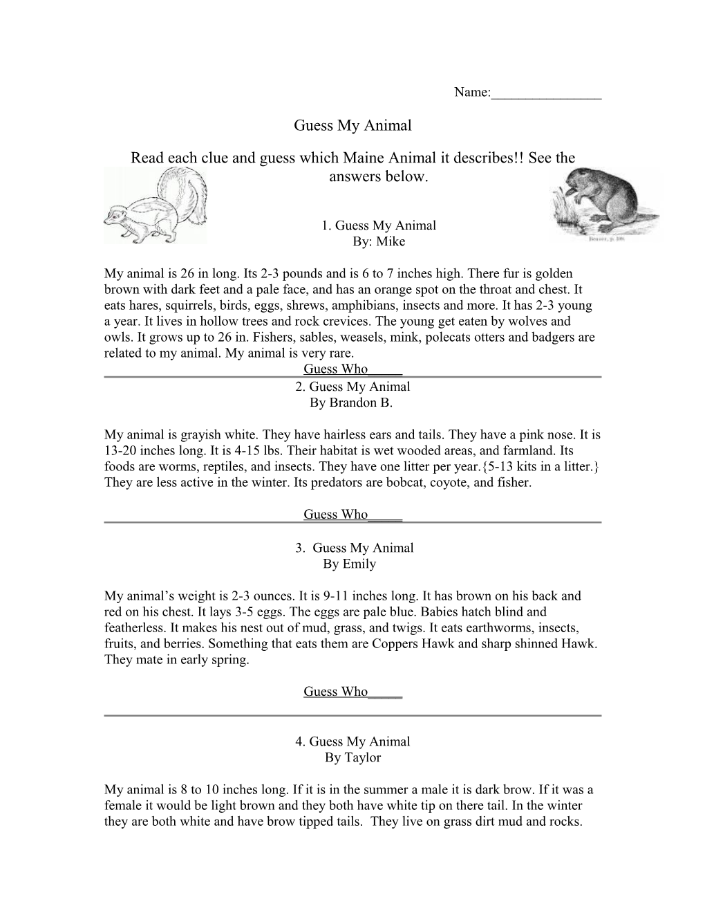 Read Each Clue and Guess Which Maine Animal It Describes See the Answers Below