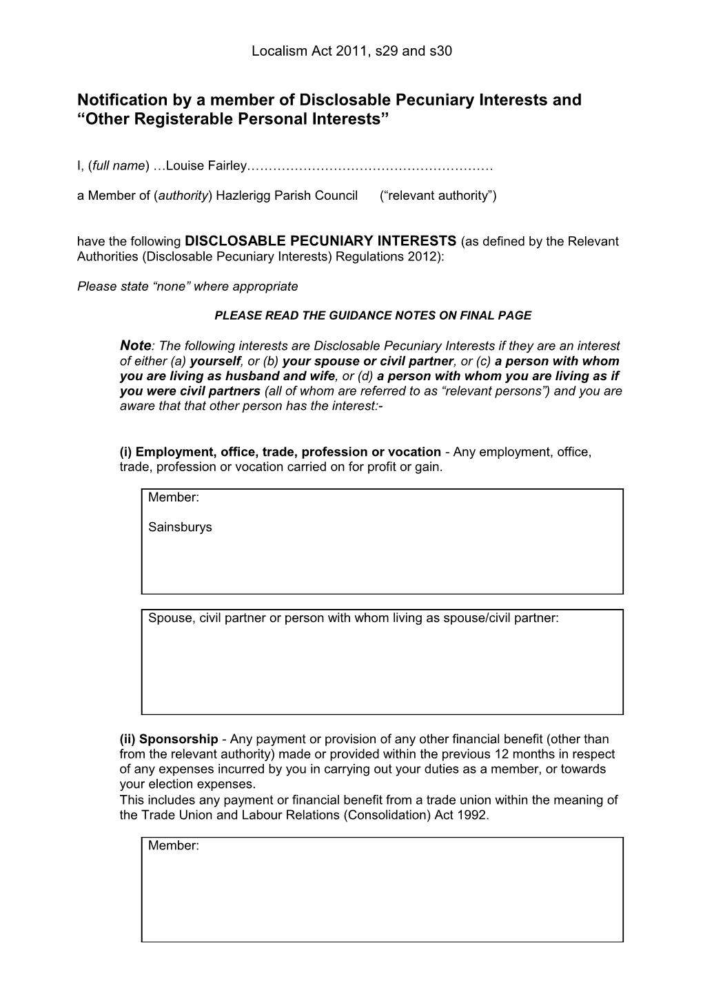 Notification by a Member of Disclosable Pecuniary Interests and Other Registerable Personal s1