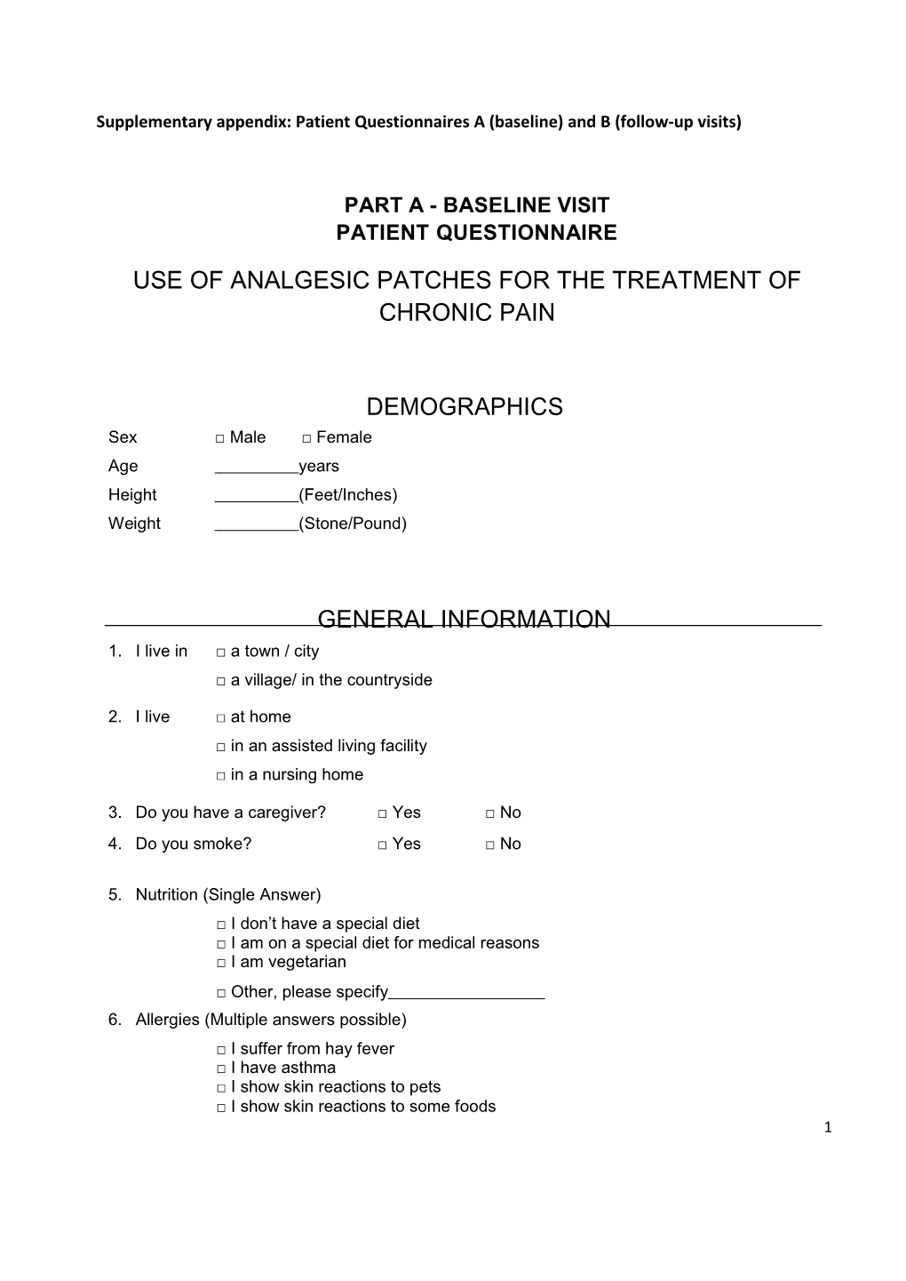 Supplementary Appendix: Patient Questionnaires a (Baseline) and B (Follow-Up Visits)
