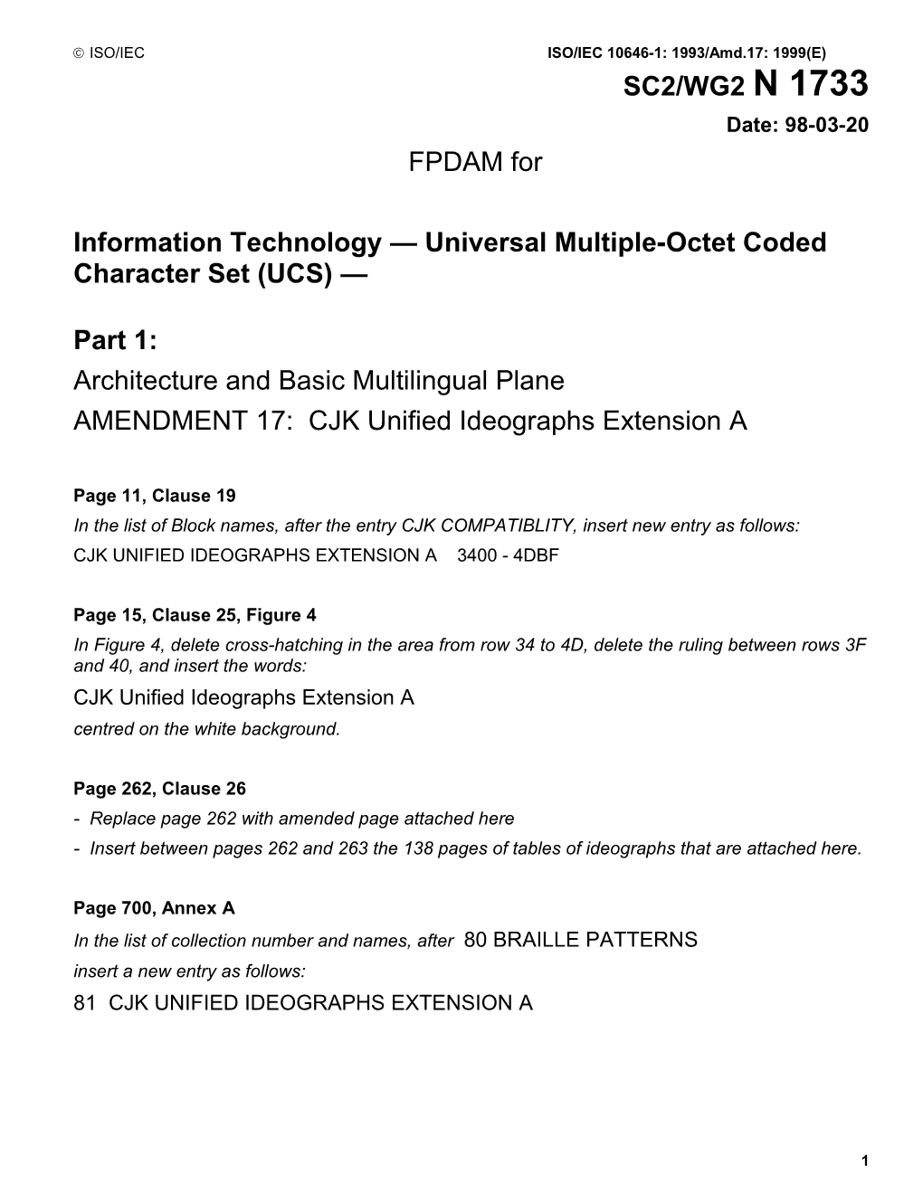 Draft Amendment No.9 to ISO/IEC 10646-1:1 1993 (E)
