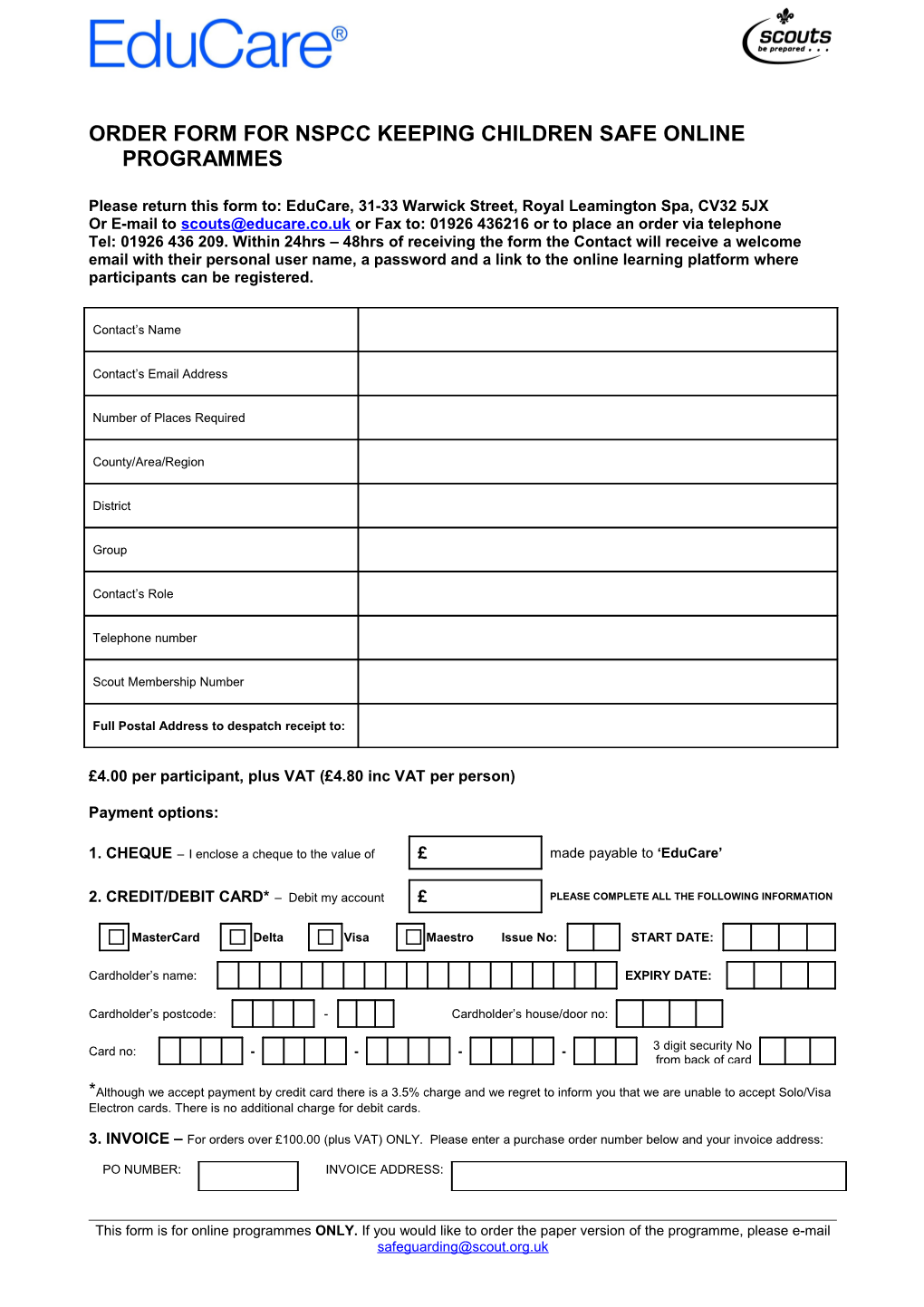 Order Form for Nspcc Keeping Children Safe Online Programmes