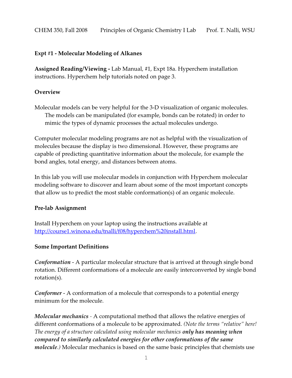 Expt #1 - Molecular Modeling of Alkanes