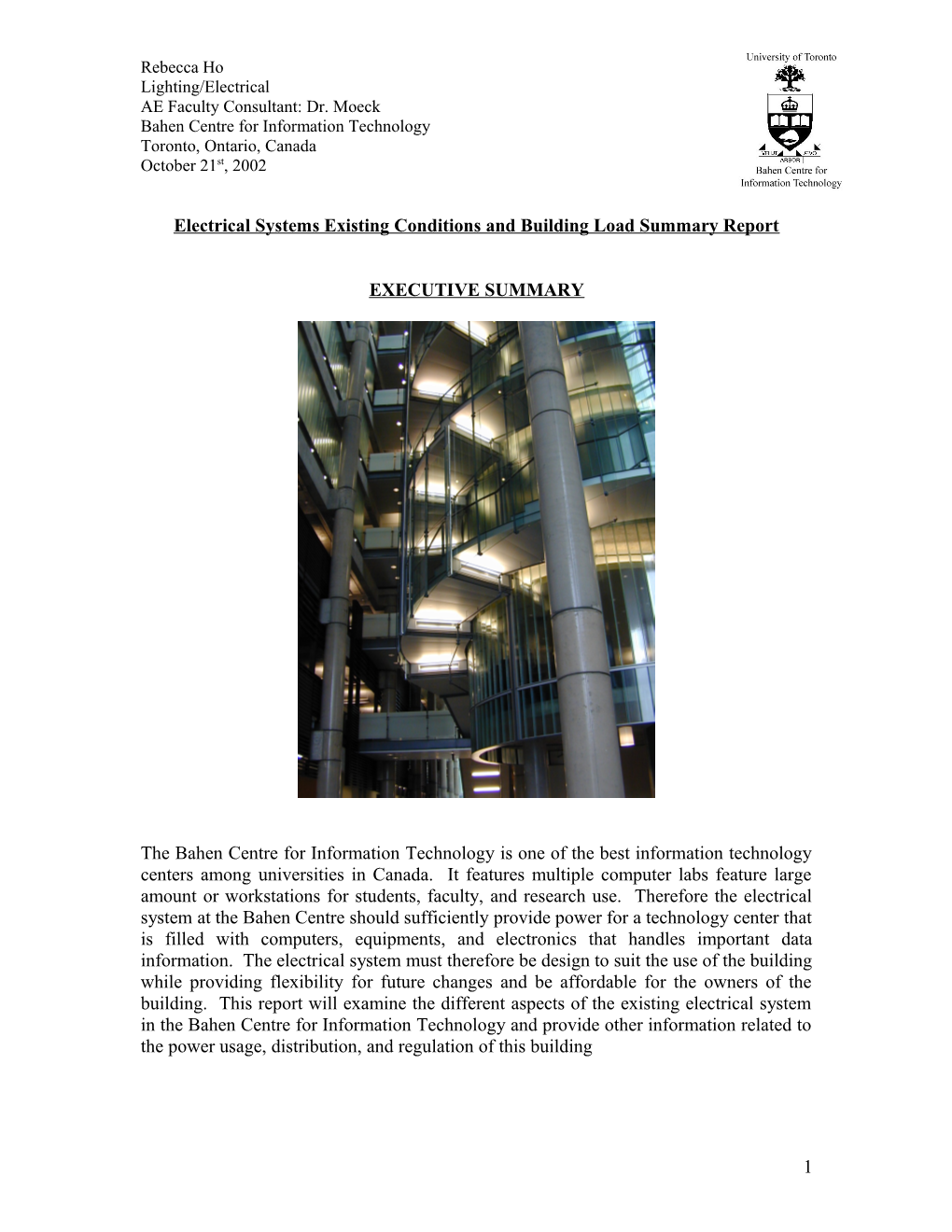 Electrical Systems Existing Conditions and Building Load Summary Report