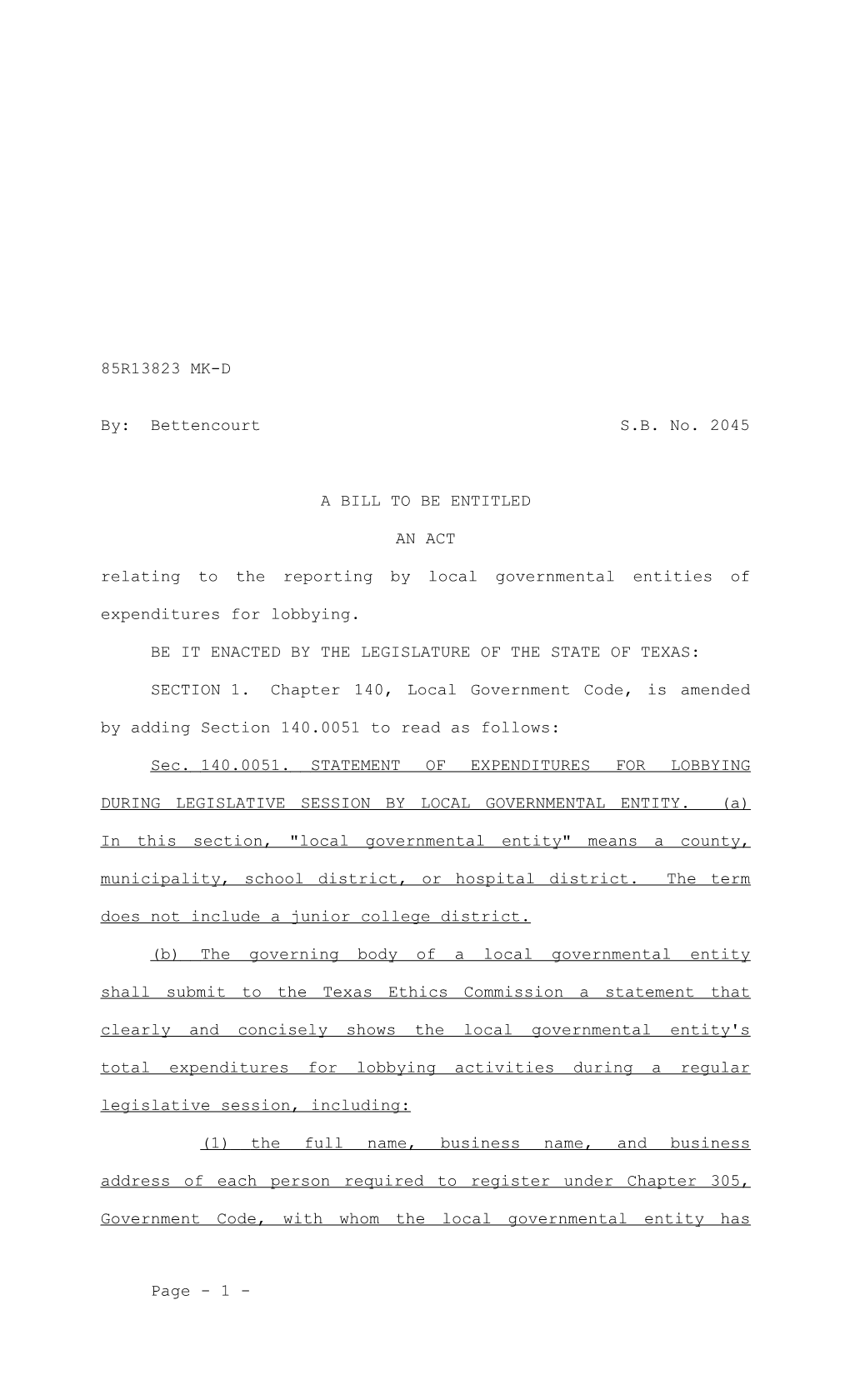 Relating to the Reporting by Local Governmental Entities of Expenditures for Lobbying