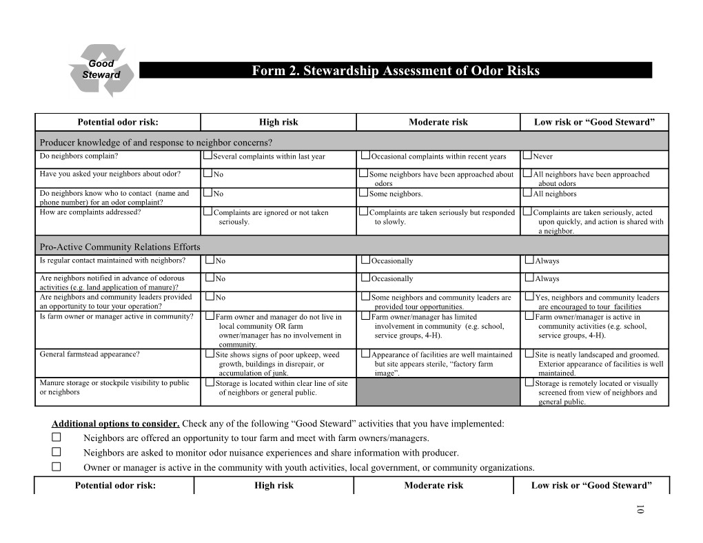 Form 2. Stewardship Assessment of Odor Risks