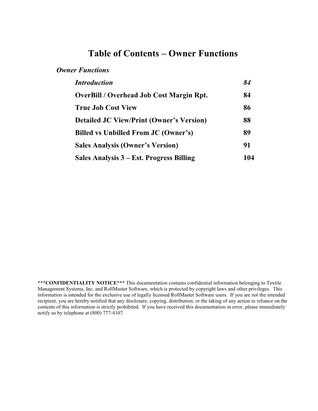 Table of Contents Owner Functions