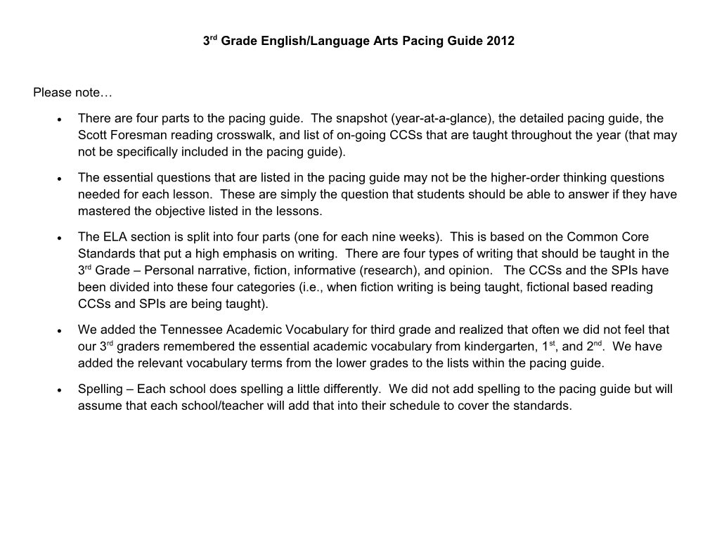 3Rd Grade English/Language Arts Pacing Guide 2012