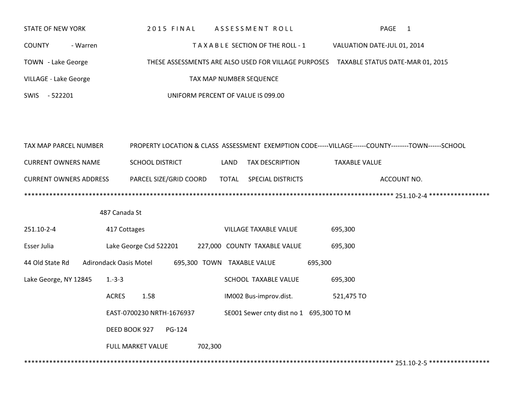 State of New York 2 0 1 5 F I N a L a S S E S S M E N T R O L L Page 1